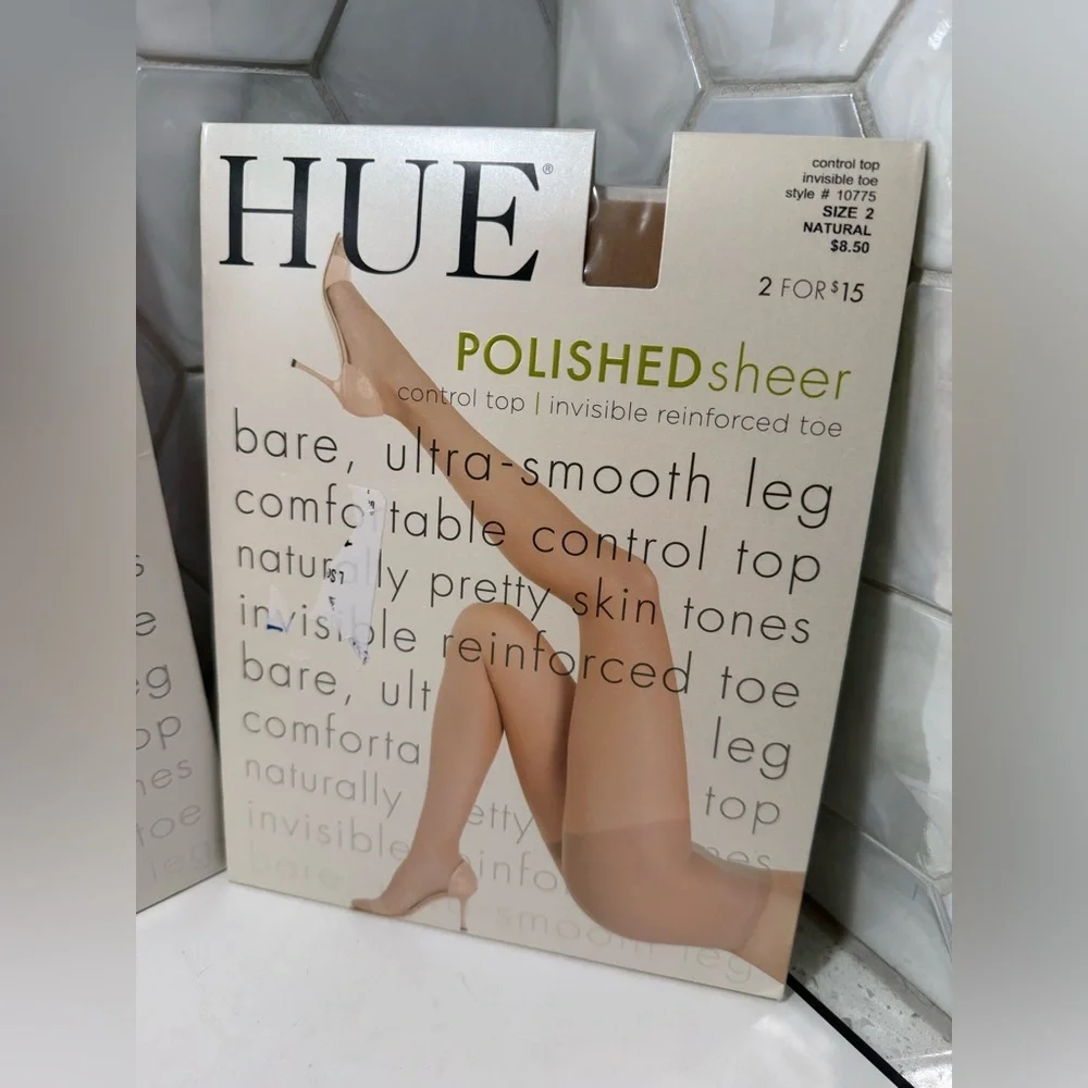 HUE Pantyhose 3 Pack Polished Sheer & So Silky Natural Size 2 Control Top Sheer